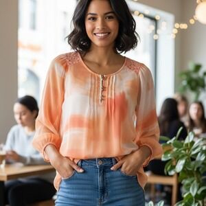 Avenue Orange Watercolor Print Lace Yoke‎ Button Front Blouse Plus Size 18 20